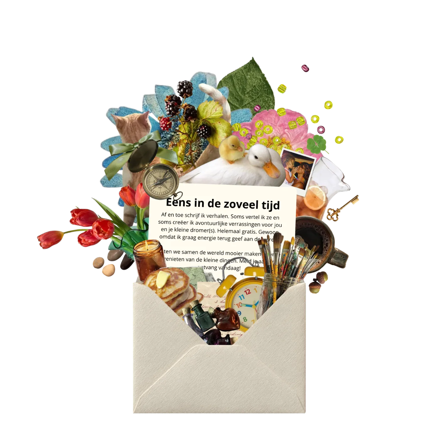 Envelop vol magische kleine momentjes — bloemen, eendjes, penselen en een brief