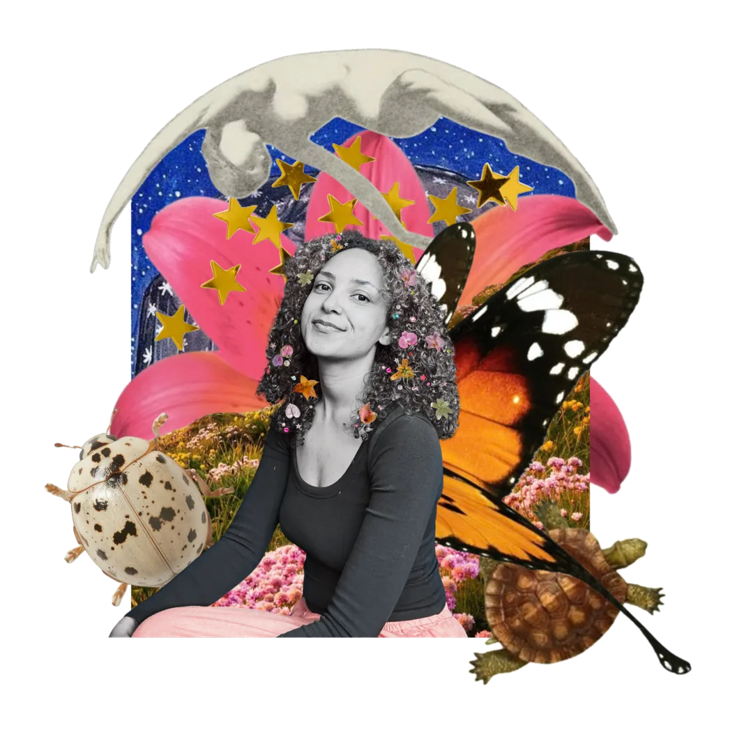 Collage van Larissa omringd door bloemen, vlinder, schildpad en sterren